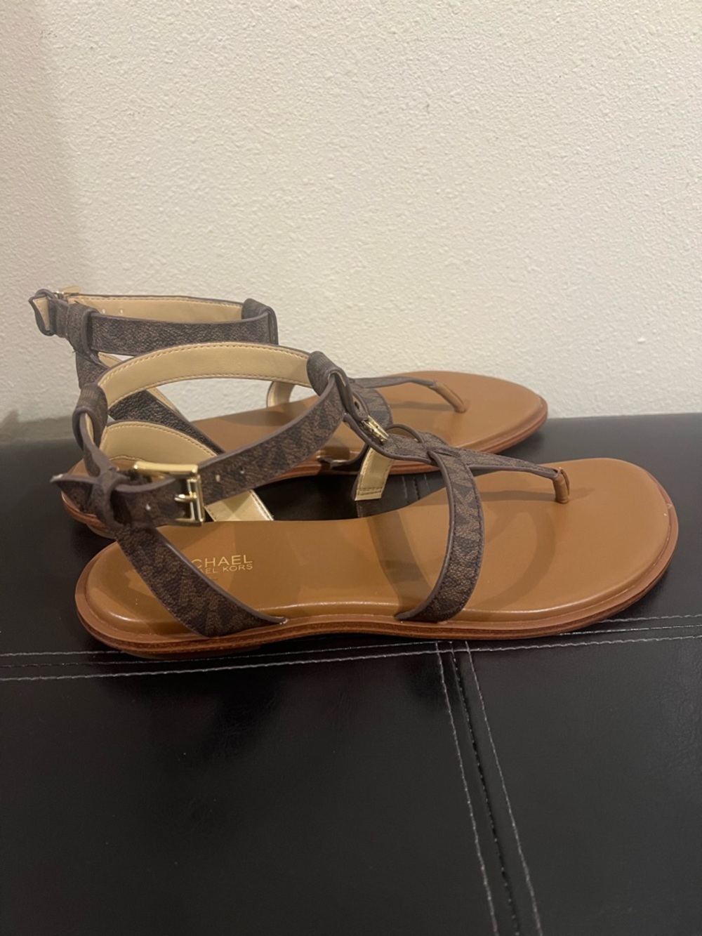 Michael Kors Brown MK Monogram T-Strap Sandals - Picture 3 of 6